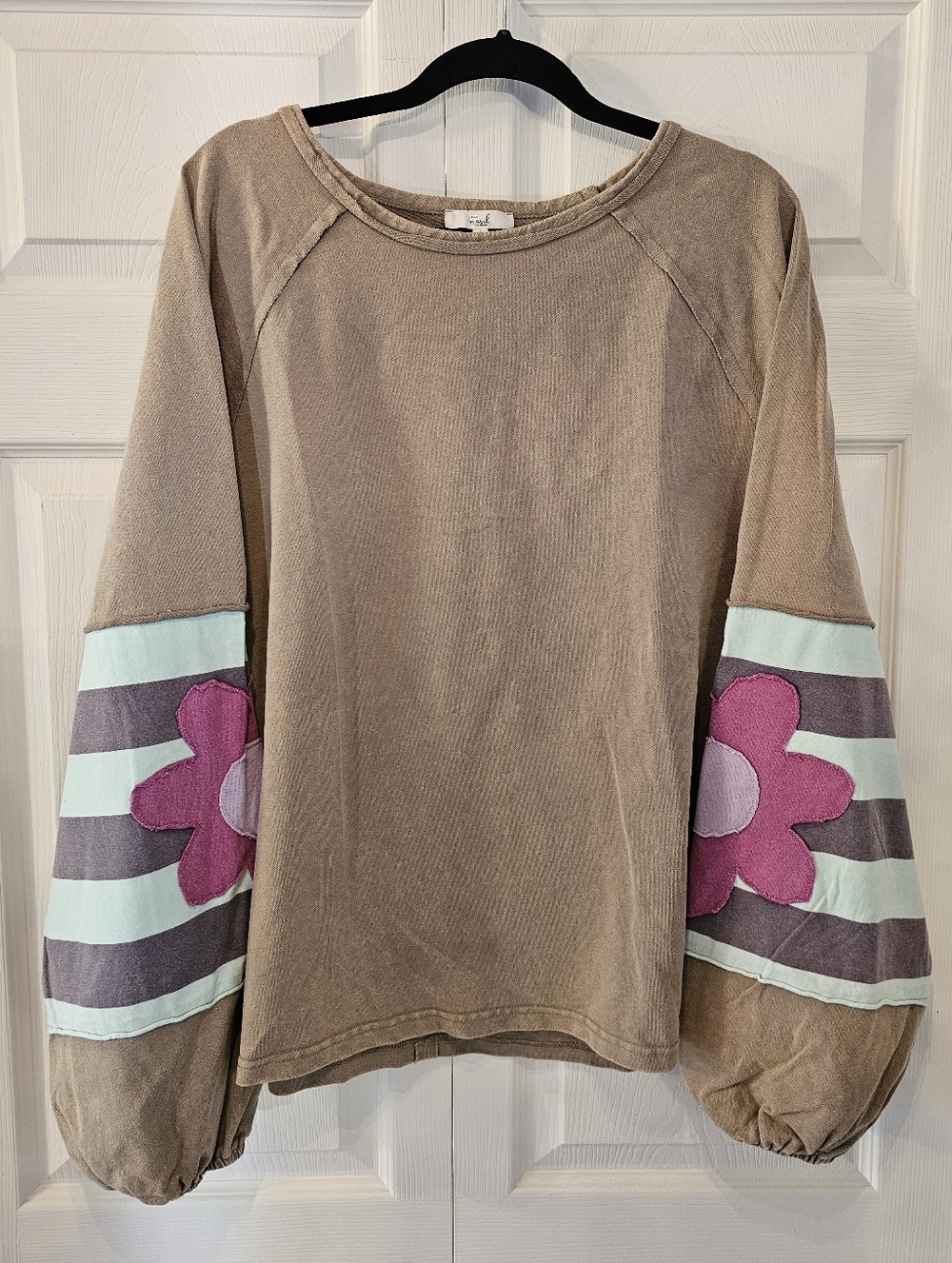Easel Mushroom Sweatshirt with Mint Stripes & Pink Flower Sleeves